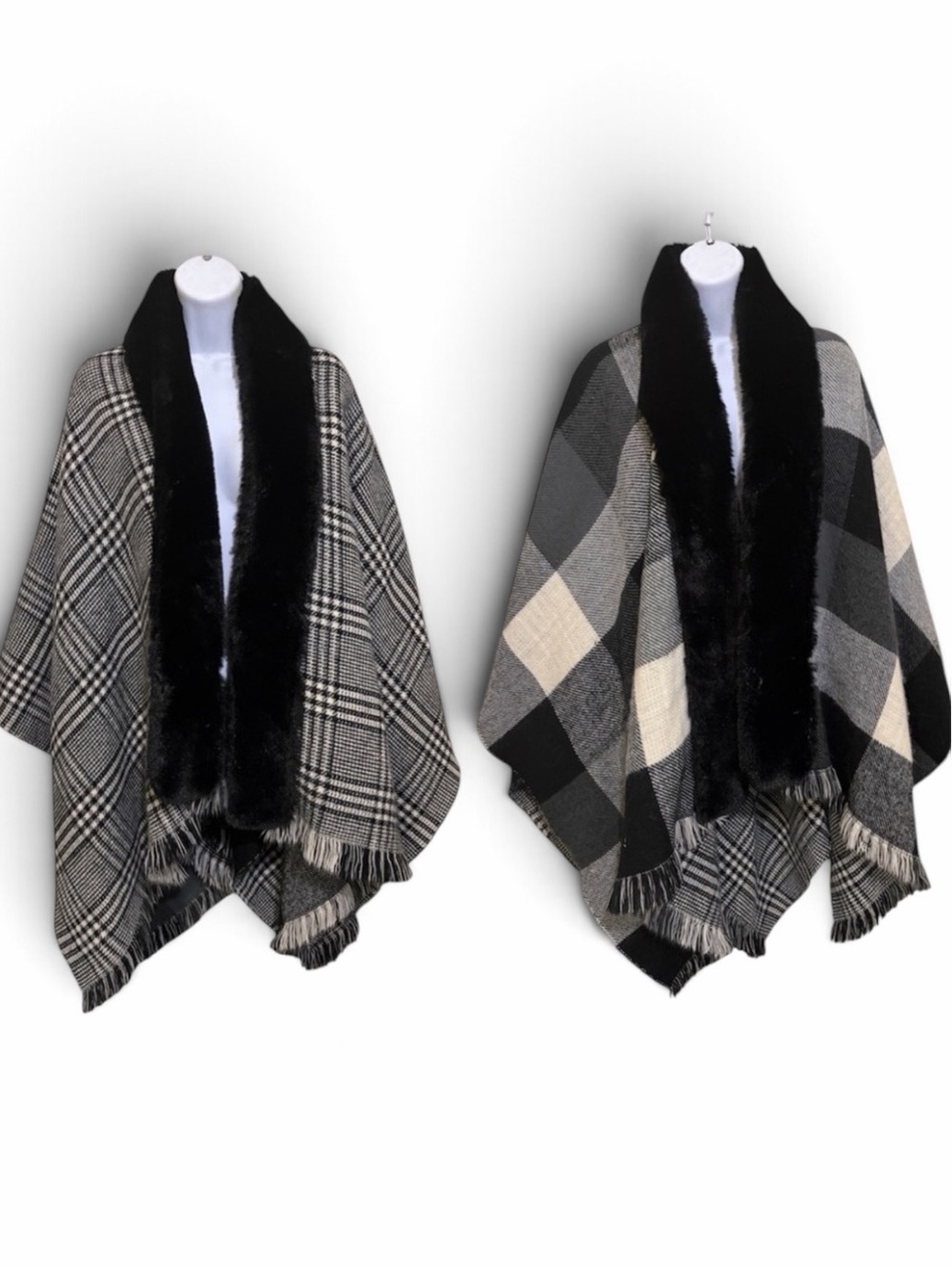 Revisable Faux Fur Wrap Cape Houndstooth & Black White Check Fringe Hem